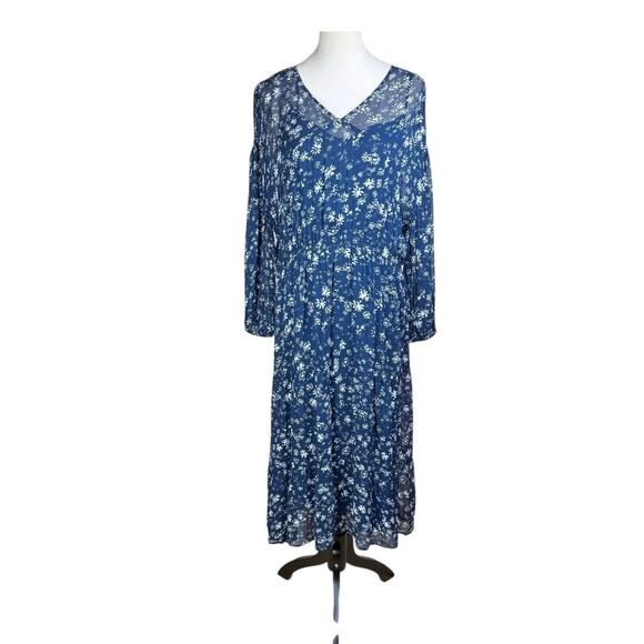 Free People Navy White Floral Long Sleeve Back Tie Blouson Bohemian Midi Dress - Picture 4 of 16